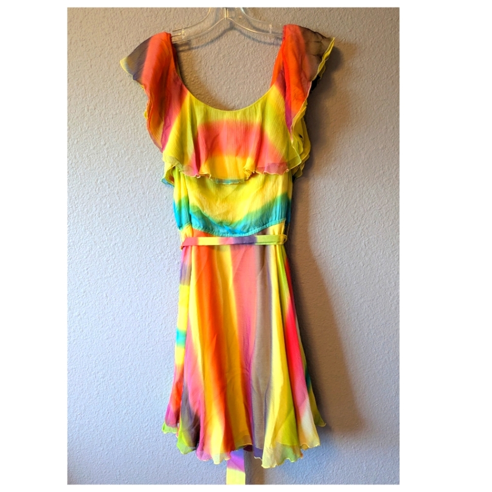 💥SALE💥 Alice + Olivia Vibrant Multicolor Rainbow Ruffle Dress 100% Silk Sz. M - Picture 4 of 13